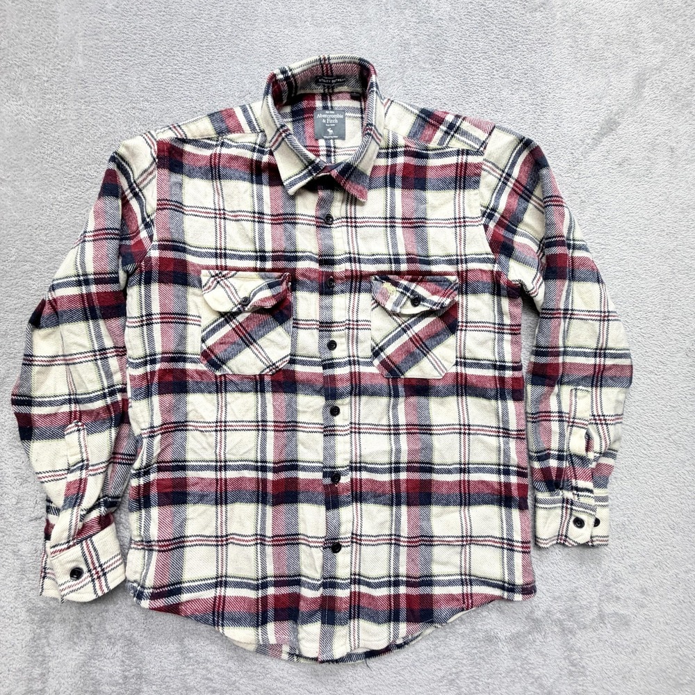 Abercrombie & Fitch Shirt Mens L White Plaid Long Sleeve Button Up Flannel